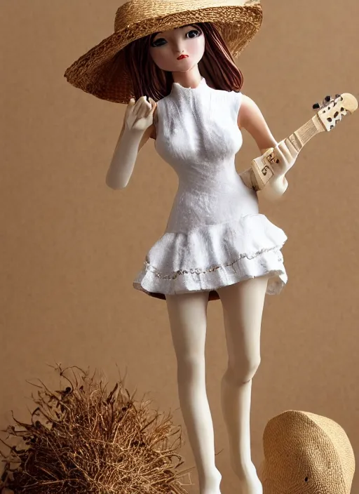 Image similar to Fine Image on the store website, eBay, Full body, 80mm resin figure of a cute tall girl in straw hat and white dress playing guitar, environmental light from the front