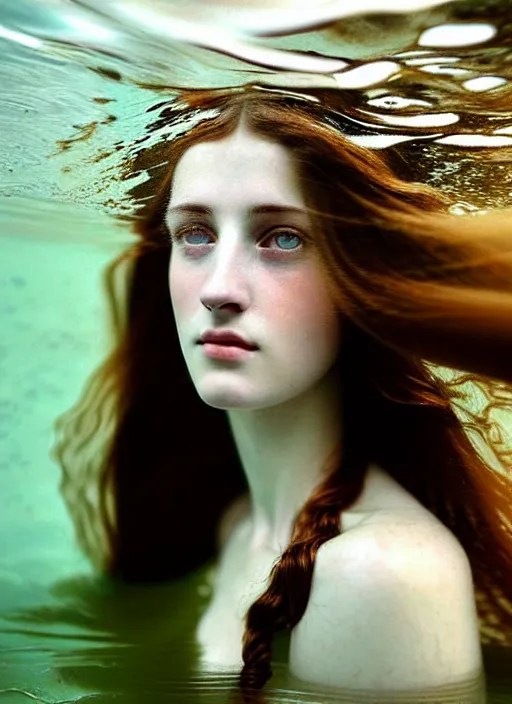 Image similar to Kodak Portra 400, 8K, soft light, volumetric lighting, highly detailed, britt marling style 3/4, extreme Close-up portrait photography of a beautiful woman how pre-Raphaelites with half face immersed in water, the hair floats on the water, a beautiful lace dress and hair are intricate with highly detailed realistic beautiful flowers , Realistic, Refined, Highly Detailed, natural outdoor soft pastel lighting colors scheme, outdoor fine art photography, Hyper realistic, photo realistic