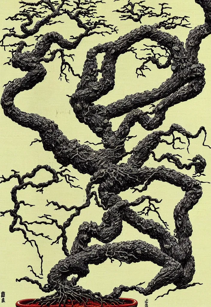 Prompt: prompt: anatomy dissection drawing veins and organs Bonsai tree character drawn by Takato Yamamoto, bonsai anatomy atlas, veins and organs attached to tree roots, alchemical objects inspired by 1980's sci-ci, old experimentation cabinet, intricate oil painting detail, manga 1980