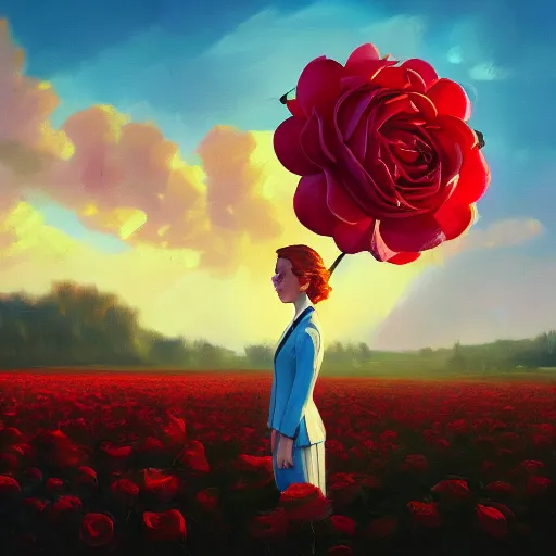 Image similar to closeup, giant rose flower head, portrait, girl in a suit, surreal photography, sunrise, blue sky, dramatic light, impressionist painting, digital painting, artstation, simon stalenhag