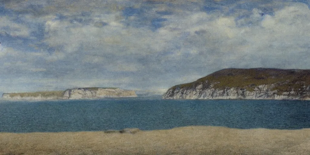 Prompt: black cliffs over water by Fernand Khnopff