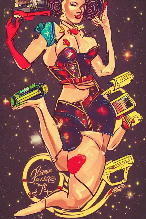 Image similar to old school, traditional style flashes of pinup girl in space holding a lazer pistol by sailor jerry, marina goncharova, vic james, electric martina, heath clifford, filip henningsson, kimi vera