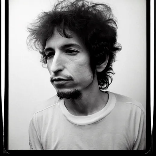 Image similar to Mugshot Portrait of Bob Dylan, taken in the 1970s, photo taken on a 1970s polaroid camera, grainy, real life, hyperrealistic, ultra realistic, realistic, highly detailed, epic, HD quality, 8k resolution, body and headshot, film still, front facing, front view, headshot and bodyshot, detailed face, very detailed face