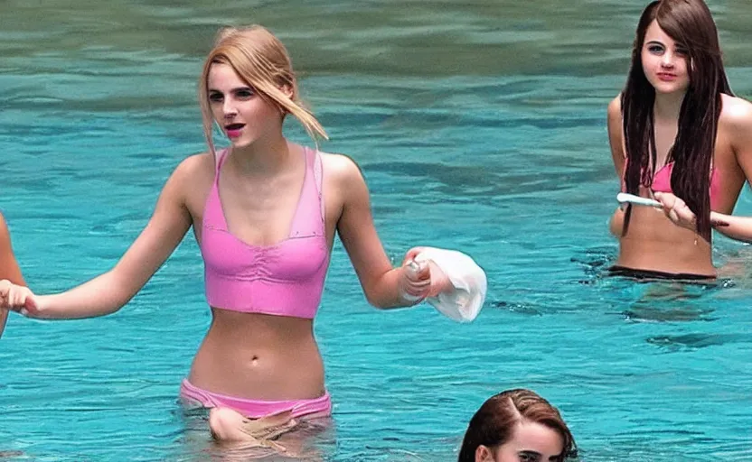 Prompt: emma watson+taylor swift+selena gomez swim together