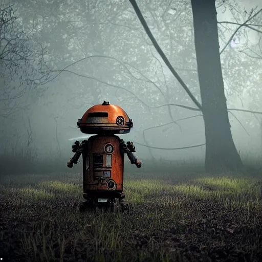 Image similar to realistic render of a small and rusty observation droid in a swamp, eerie atmosphere, fog, cinematic lighting