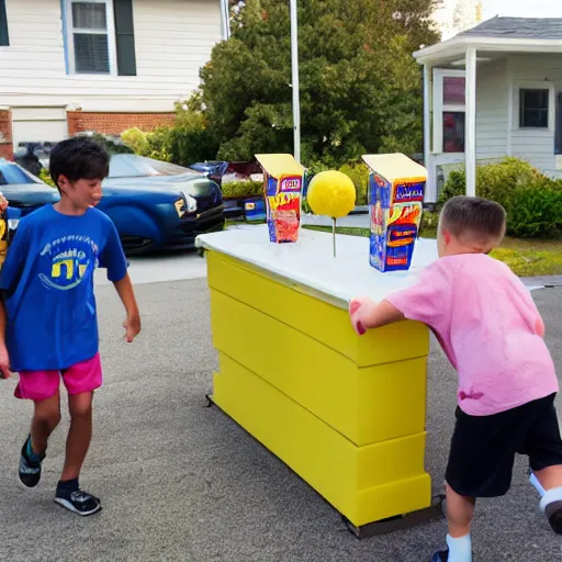 Prompt: a man pushing over a kid's lemonade stand