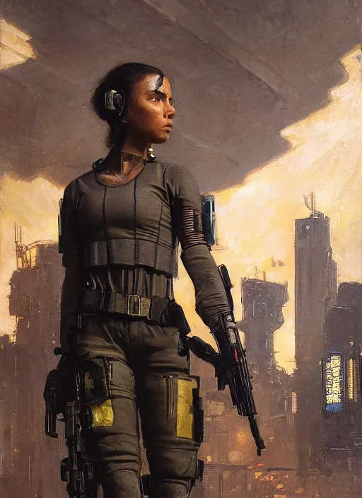 Prompt: 👩🏾🏭. cyberpunk police trooper in a military vest ( blade runner 2 0 4 9, cyberpunk 2 0 7 7 ). orientalist portrait by john william waterhouse and james gurney and theodore ralli and nasreddine dinet, oil on canvas. cinematic, hyper realism, realistic proportions, dramatic lighting, high detail 4 k