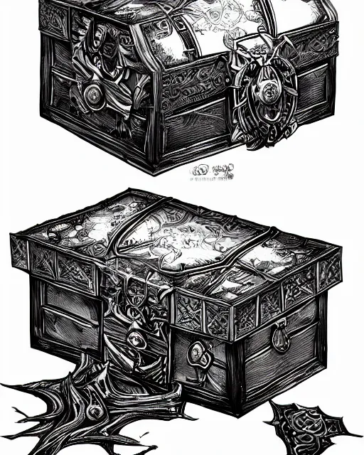 Image similar to a treasure chest closed, black and white, fantasy art, object art, in the style of masami kurumada, illustration, epic, fantasy, intricate, hyper detailed, artstation, concept art, smooth, sharp focus, ray tracing