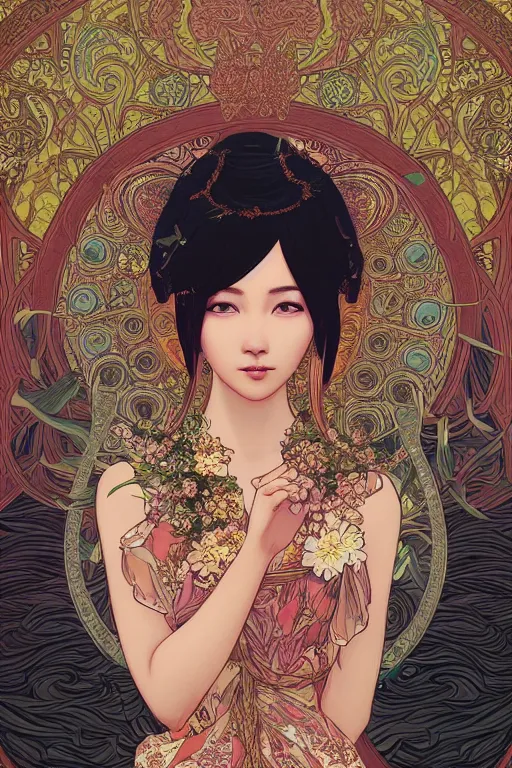 Image similar to beautiful and detailed digital illustration of thai princess by kittichai rueangchaichan and Ilya Kuvshinov, floralpunk, Artstation, art nouveau aesthetic, Alphonse Mucha background, intricate details,concept art, realistic, dramatic