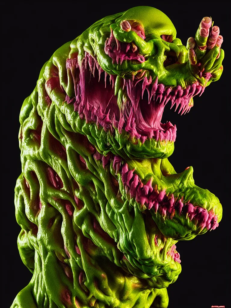 Image similar to hyperrealistic rendering, fat smooth wet cronenberg flesh monster smooth kaiju by art of skinner and richard corben and jeff easley, product photography, action figure, sofubi, studio lighting, colored gels, skulls and ribcages