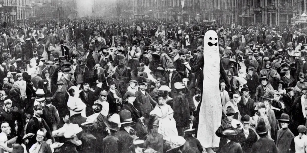 Image similar to scary unproportionable tall ghost creature in the middle of a crowd, 1900s picture