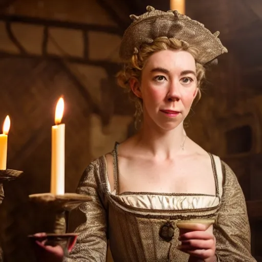 Prompt: vanessa kirby wearing 1 8 th century stay in a medieval tavern at night with candles, wow 4 k detail fantasy, matte painting, realistic materials, photo realistic, postprocessing, cinematic, hyperrealistic, studio lighting, ekaterina, the tudors, photography by richard jenkins