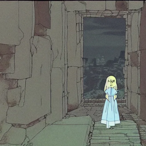 Image similar to ghost of a young girl, a ruined castle, cel shaded, studio ghibli, hayao miyazaki