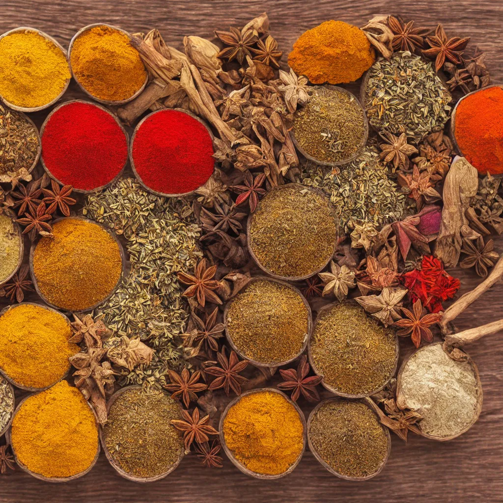 Image similar to close-up view of spices on top of a wooden table, 8k, high detail, photorealistic, proper shading