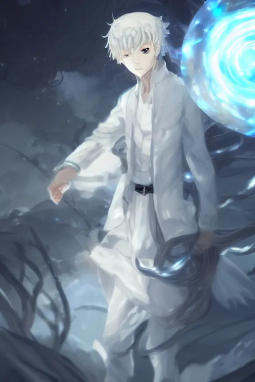 Image similar to anime teen guy with short wavy white hair wearing white formal attire surrounded by light orbs, moody, wlop, concept art, digital painting, trending on artstation, highly detailed, epic composition, 8 k uhd