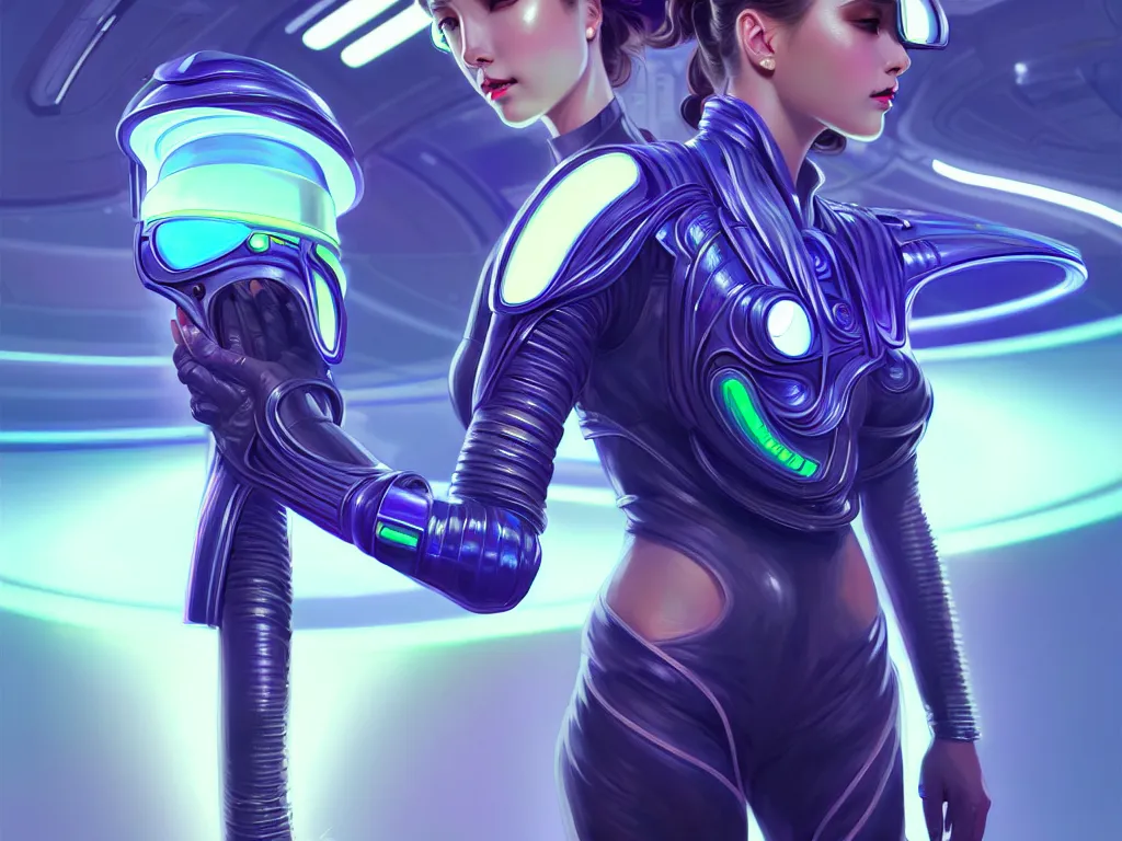 Image similar to portrait futuristic planet venus police uniform female, in a future huge spaceship internal, neon light, ssci - fi and fantasy, intricate and very very beautiful and elegant, highly detailed, digital painting, artstation, concept art, smooth and sharp focus, illustration, art by tan zi and ayanamikodon and alphonse mucha and wlop