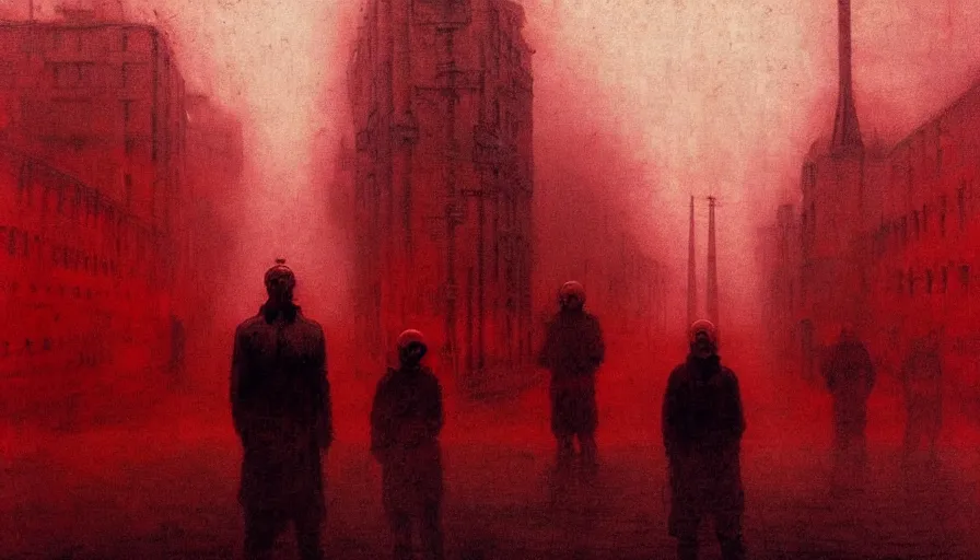 Image similar to only with red, soviet communism horror city apocalyptic atmosphere with soviet flag, in the style of beksinski and rodcenko and yue minjun and cory loftis, intricate and epic composition, red by caravaggio, highly detailed, masterpiece, red light, artstation, art nouveau