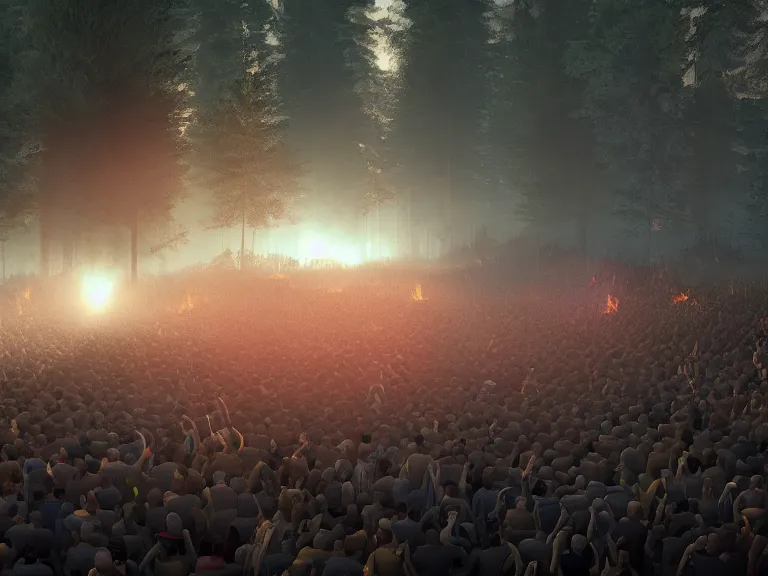 Prompt: brutal mosh pit in a forest fire, 8 k, ultra realistic, lens flare, atmosphere, glow, detailed, intricate, full of colour, cinematic lighting, trending on artstation, 4 k, hyperrealistic, focused, extreme details, unreal engine 5, cinematic, masterpiece