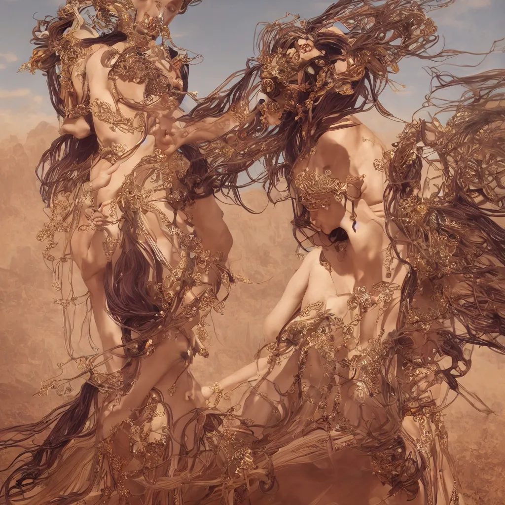 Image similar to goddess dancing in the desert, unreal engine, professional models, symmetrical face, fantasy, surreal, intricate, sharp focus, beautiful, elegant, highly detailed, digital painting, trending on artstation, concept art, smooth and sharp focus, illustration, art by tan zi and ayanamikodon and alphonse mucha and wlop