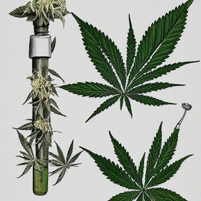 Prompt: botanical illustration of cannabis featuring a joint and a pipe, detailed pointers with text