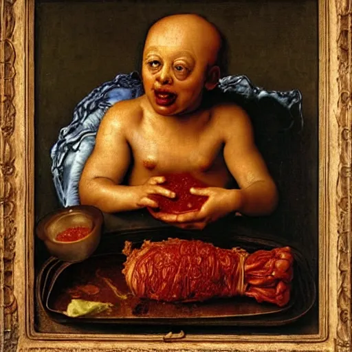 Prompt: a boy sitting in a tub full of tomato sauce, a lot of cabbage, dinner is served, by giuseppe arcimboldo, odd nerdrum and ambrosius benson, renaissance, fruit, intricate and intense oil paint, realistic