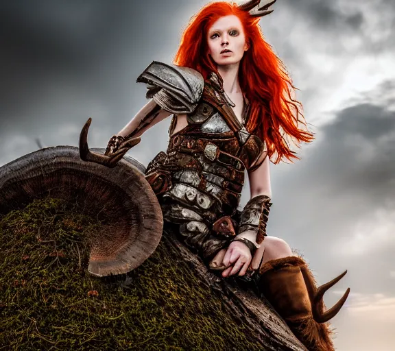 Image similar to a portrait photo of an armored female warrior redhead with antlers sitting on the edge of a giant mushroom that covers a whole town and reaches above the clouds by luis royo. intricate. lifelike. soft light. sony a 7 r iv 5 5 mm. cinematic post - processing