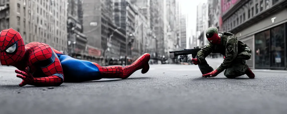 Image similar to soldier shoots spiderman, new york, shallow depth of field, photoreal, cinematic