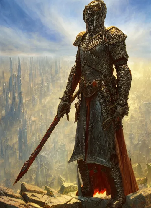 Image similar to The Eldritch Knight standing atop the ruins of a kingdom, full body fantasy art by Donato Giancola, Craig Mullins, digital art, trending on artstation