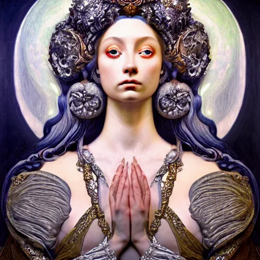 Prompt: baroque closeup renaissance portrait of a beautiful moon goddess with stars in her hair, reflective detailed textures, glittering silver ornaments, dark fantasy science fiction painting by diego rivera and jean delville and ruan jia and nicholas roerich and annie swynnerton, dramatic lighting, gleaming silver and rich colors, floral tattoos, artstation, octane render