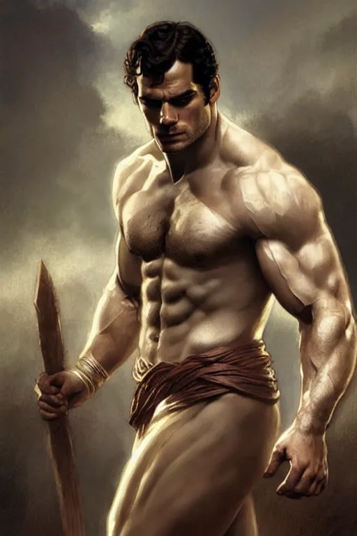 Prompt: Henry Cavill as a Greek god, gorgeous, amazing, muscular, fit, very muscular male body, intricate, highly detailed, digital painting, artstation, concept art, sharp focus, illustration, art by greg rutkowski and alphonse mucha