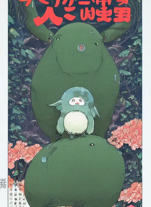 Image similar to a beautiful japanese magazine cover of a cute strange animal, illustrated by miyazaki, highly detailed, concept art, trending, poster