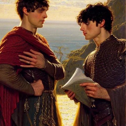 Image similar to arthur pendragon and merlin. close up of their faces. natural lighting. highly detailed painting by gaston bussiere, j. c. leyendecker, greg rutkowski 8 k
