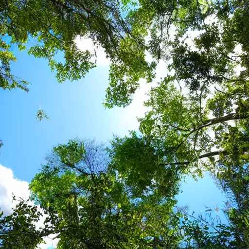 Prompt: looking up into the tree canopy seeing a circular area of the blue sky