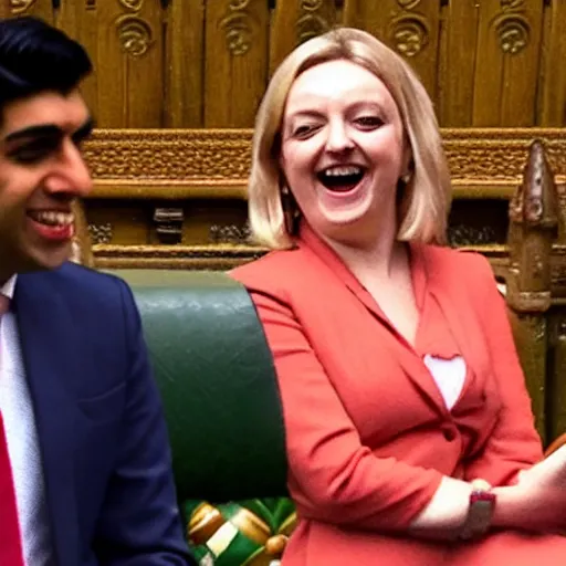 Prompt: Liz truss and Rishi sunak and the devil laughing together in parliament. Daily Telegraph.