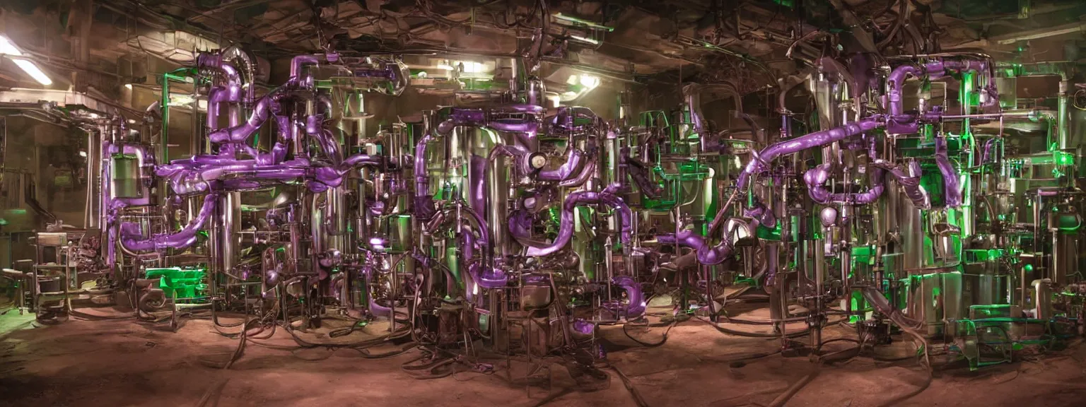 Prompt: a super high resolution film still of machine apparatus for making snake oil, huge copper machine fed by a hopper of snakes, purple and green pipework, directed by denis villeneuve, 8 k, snake machine, cinematic lighting