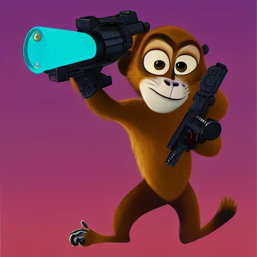 Image similar to “ logo of a monkey in the style of zootopia holding laser gun, with a black background, digital art, award winning, trending on art station, retro style ”