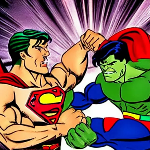 Prompt: an arm wrestling match between superman and the hulk, in the style of 1990's cartoon, ultra hd