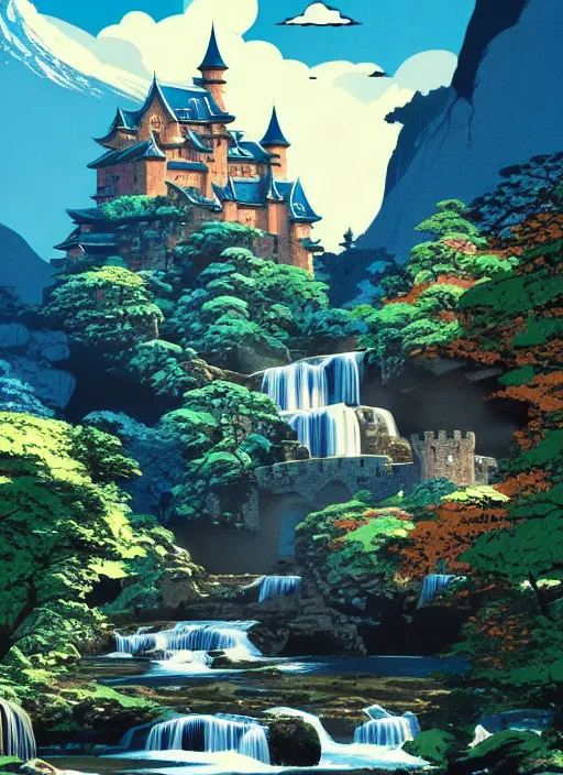 Prompt: magical castle, waterfall, river, mountain, scenery wallpaper aesthetic, lookup view, beautiful, cinematic, dramatic, super detailed and intricate, hyper realistic, by koson ohara, by darwyn cooke, by hiroshi yoshida, by kentaro miura