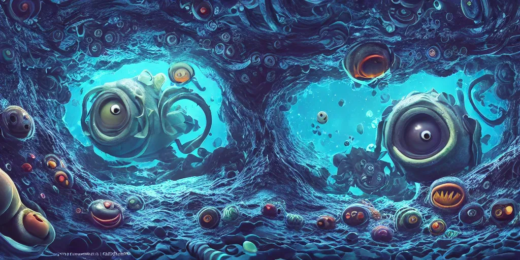 Image similar to of an intricate deep sea with strange cute friendly happy creatures with huge eyes, long tongue, round teeth and goofy funny face, appearing from the background, in the style of gehry and gaudi, macro lens, shallow depth of field, ultra detailed, digital painting, trending artstation, concept art, illustration, cinematic lighting, photorealism, epic, octane render