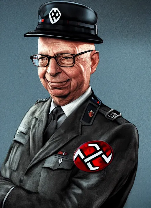 Image similar to an epic fantasy comic book style portrait painting of Klaus Schwab dressed as a Nazi, unreal 5, DAZ, hyper realistic, octane render, dynamic lighting