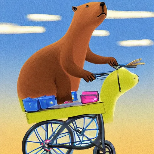 Image similar to capybara riding a tricycle, digital art