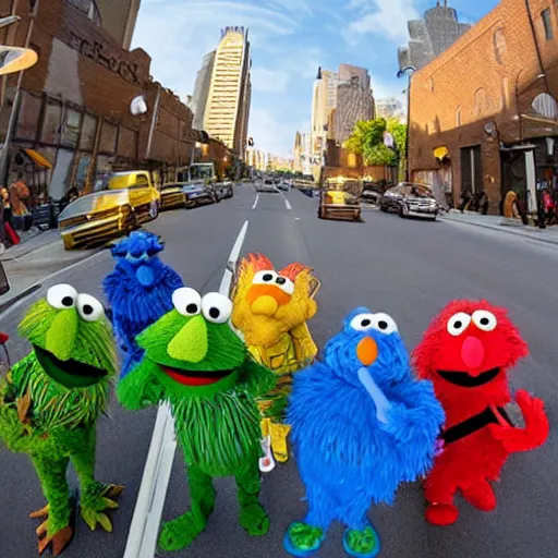 Image similar to wide angle shot of traffic on sesame street with muppets colorful cel shading, cookie monster, elmo, oscar the grouch