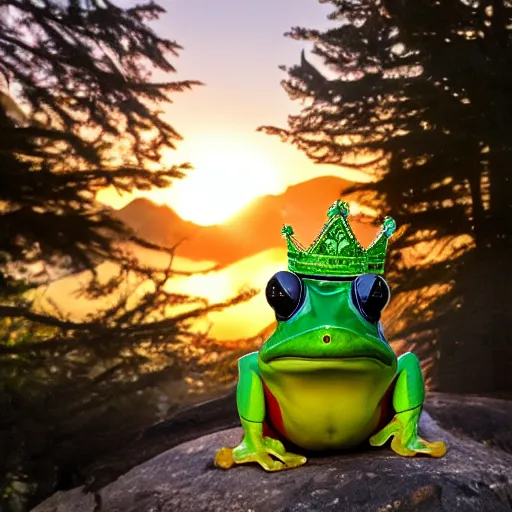 Image similar to frog with a crown on a throne in beautiful mountains watching a sunset, photograph