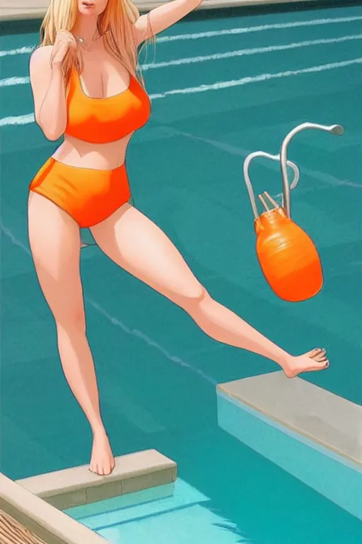 Image similar to a beautiful chubby woman with very long hip-length blonde hair, wearing a cut-off white top and short light orange cut-off shorts, stands by a swimming pool, in the style of artgerm and moebius and annie liebovitz, photorealistic, highly detailed, trending on artstation