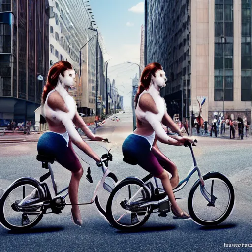 Prompt: two unicorns riding bikes in city streets, photoreal