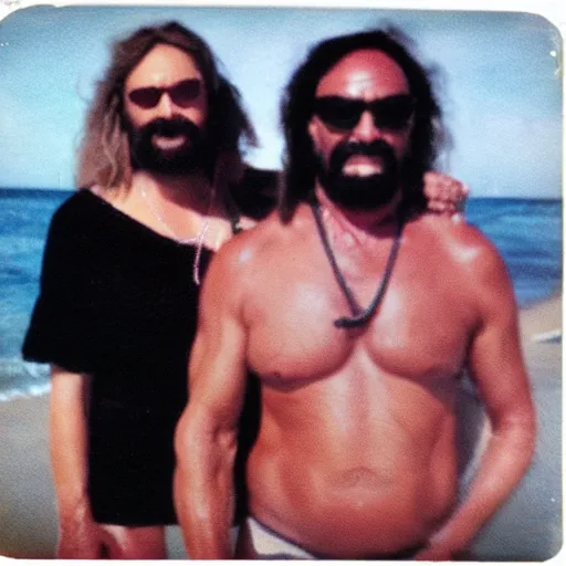 Prompt: found polaroid of my parents at beach, who look exactly like Taylor Swift and Macho Man Randy Savage