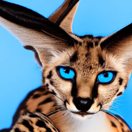 Prompt: beautiful photo of a serval with exotic black markings and blue eyes, 4 k, studio lighting, global illumination, detailed, front page of art station