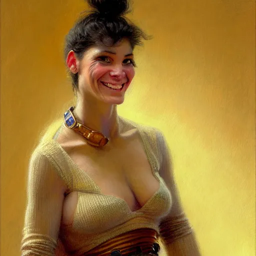 Image similar to a portrait of an anthromorphic pitbull female wearing a sweater and smiling at the viewer. highly detailed painting by gaston bussiere, craig mullins, j. c. leyendecker 8 k