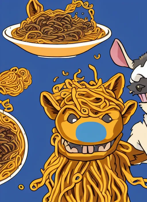 Prompt: An anthropomorphic blue hyena holding a block of ramen