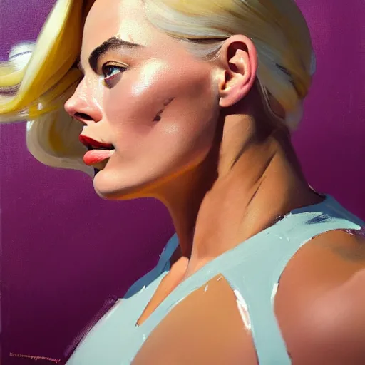 Image similar to greg manchess portrait of margot robbie as thick very muscular weightlifter with twintails and blondehair, eyes closed, medium shot, asymmetrical, profile picture, organic painting, sunny day, matte painting, bold shapes, hard edges, street art, trending on artstation, by huang guangjian and gil elvgren and sachin teng